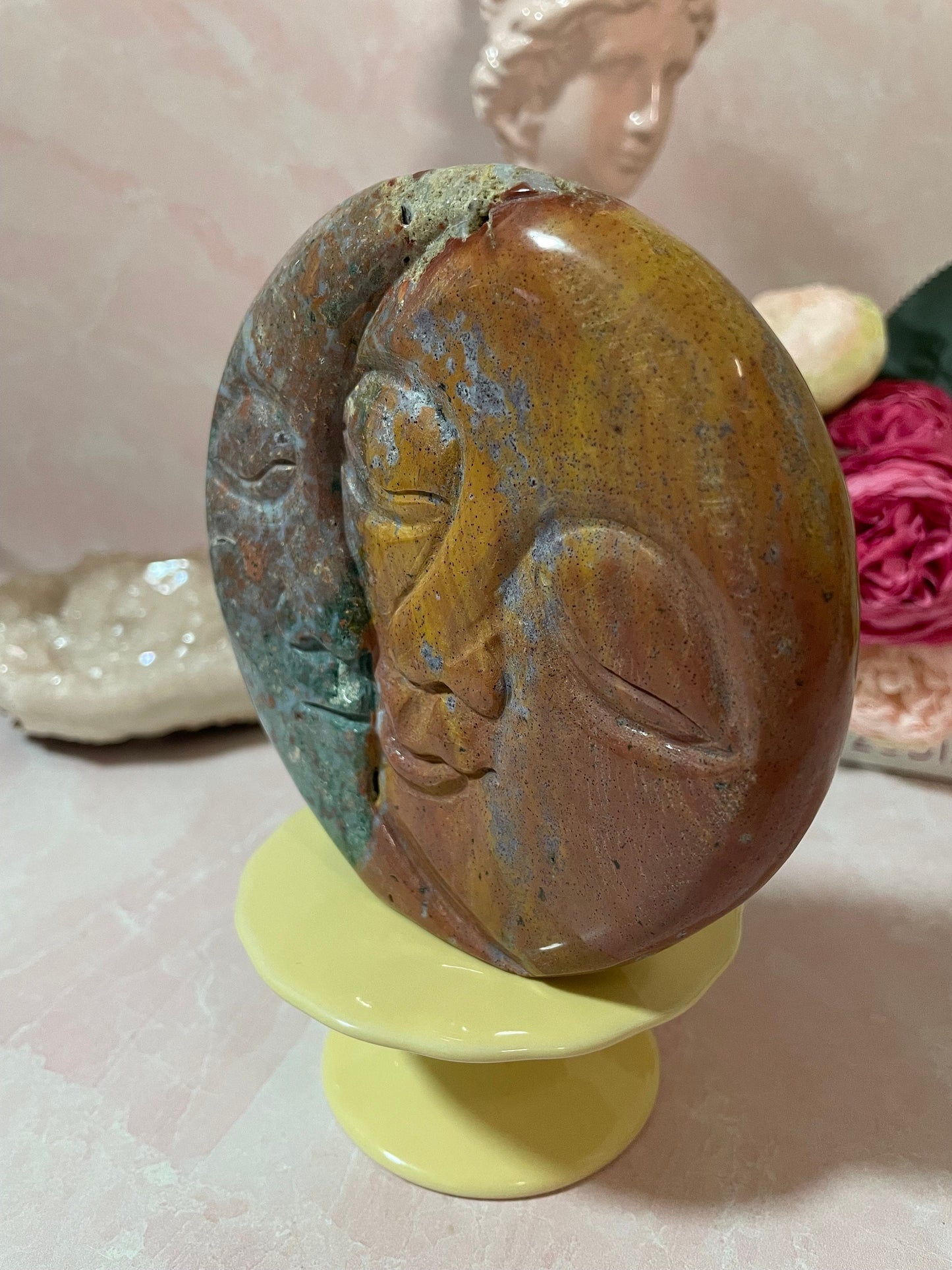 Sea Jasper Sun & Moon Face carving